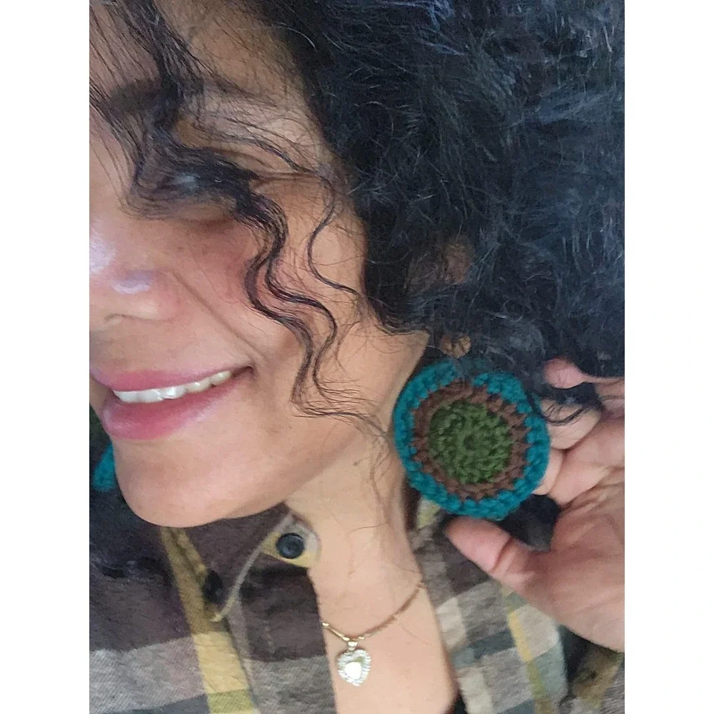 Round Crochet Earrings: Island Green Acrylic Yarn‎ with Wood Beads